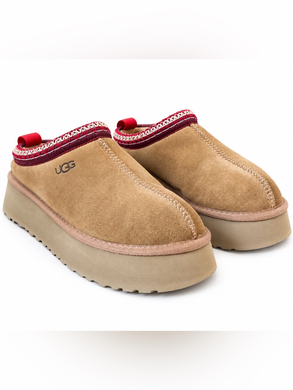 UGG Tazz Platform Slippers Chestnut Suede Red Braid Trim Clogs US 7 WMN